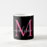 Mug Monogramme rose chaud noir fille Élégant Script<br><div class="desc">Élégant noir chaud Magenta rose Monogramme Girly Script élégant café Mug</div>