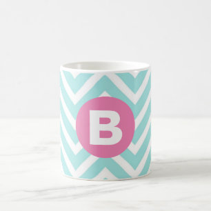 Mug Monogramme rose chevron bleu clair tendance