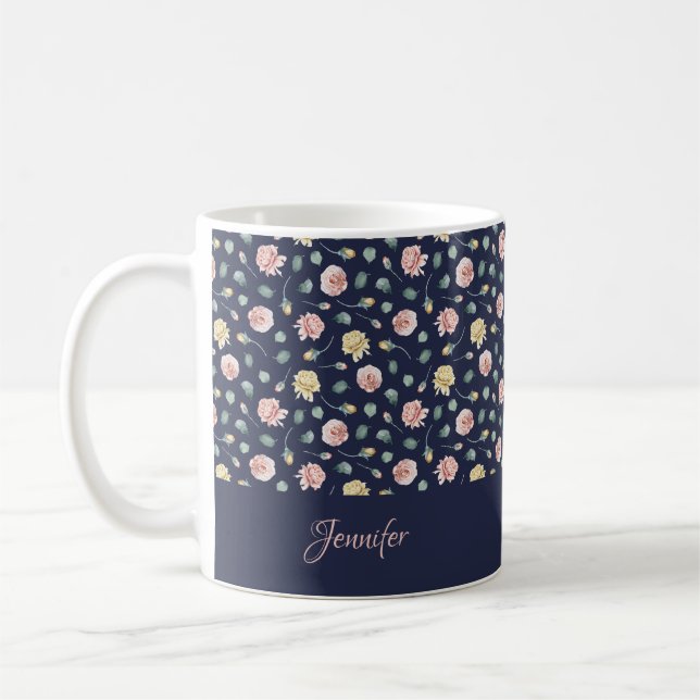 Mug Monogramme | Rose éparpillé Blue Floral Custom (Gauche)