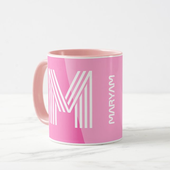 Mug Monogramme rose et blanc moderne et personnalisé (Devant gauche)