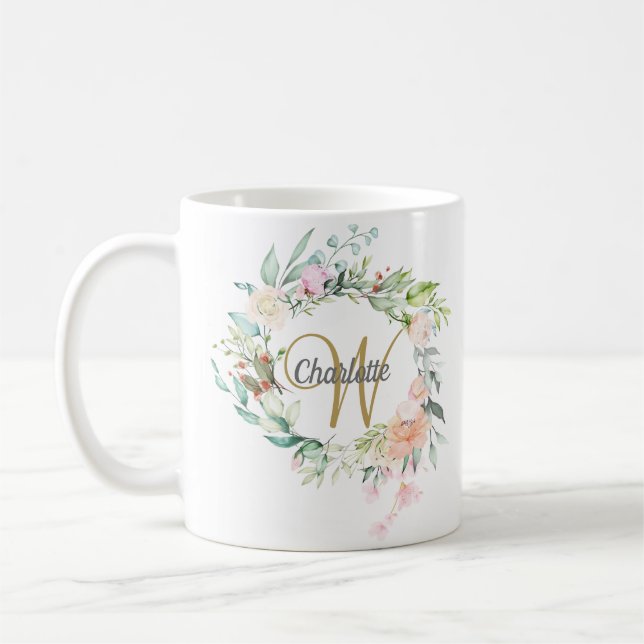 Mug Monogramme rose Floral Elegant Gold Script (Gauche)