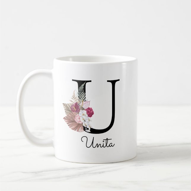Mug Monogramme Rose Floral Initial U (Gauche)