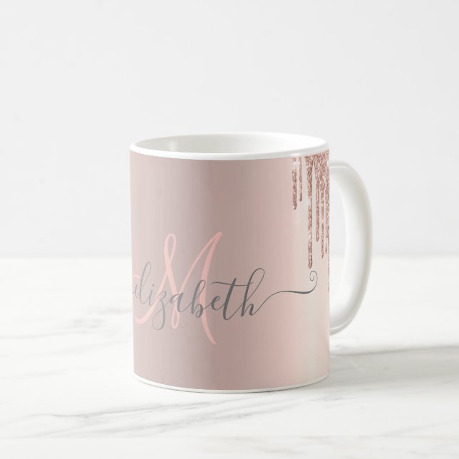Mug Monogramme Rose Gold à Gouttes Brillantes Modernes (Devant droit)