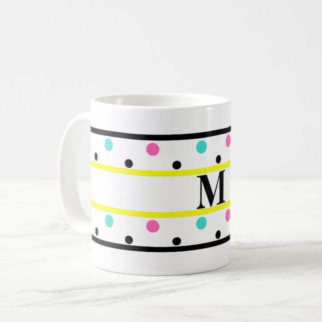 Mug Monogramme rose jaune Pois Turquoise (Devant gauche)