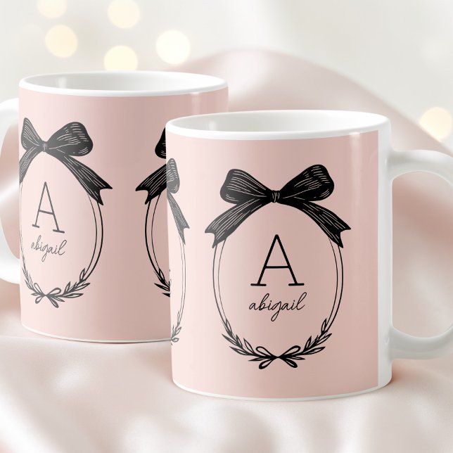 Mug Monogramme Rose Pâle Nœud Noir Chic Initial Modern (Modern Initial Chic Black Bow Blush Pink Monogram Coffee Mug)