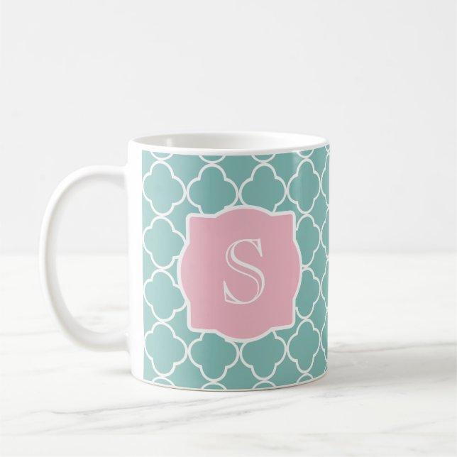Mug Monogramme rose vert clair de Quatrefoil (Gauche)