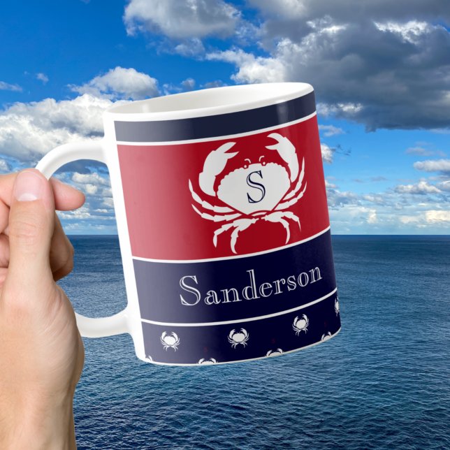 Mug Monogramme Rouge Blanc Marine Bleu Crabe Nautique (Créateur téléchargé)