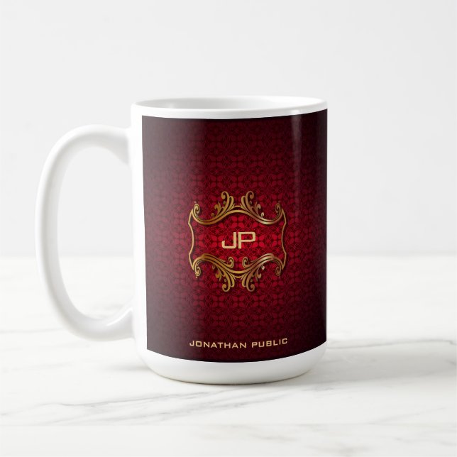 Mug Monogramme Rouge Damask Classique Élégant Modèle (Gauche)