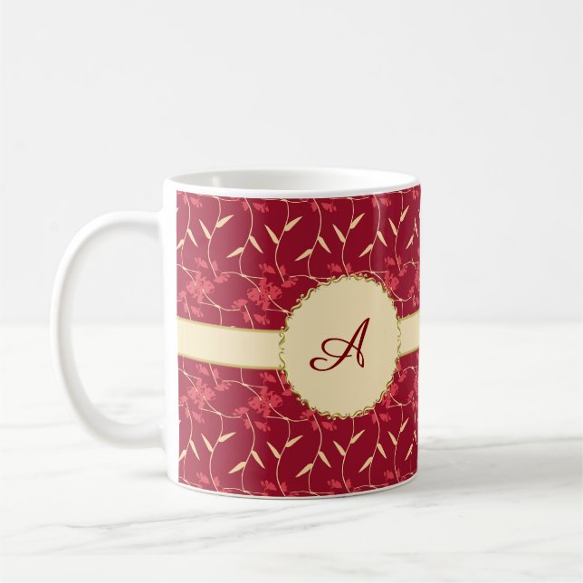 Mug Monogramme rouge floral regal joyeux (Gauche)
