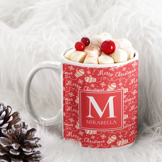 Mug Monogramme Rouge Joyeux Noël hiver Mittres (Personalized Red Monogram Merry Christmas Mittens Coffee Mug)
