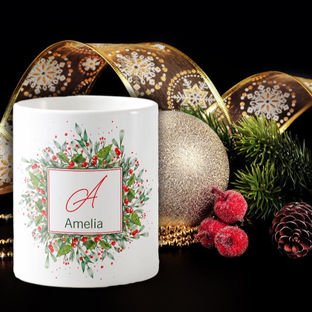 Mug Monogramme Rouge Noël vert (Créateur téléchargé)