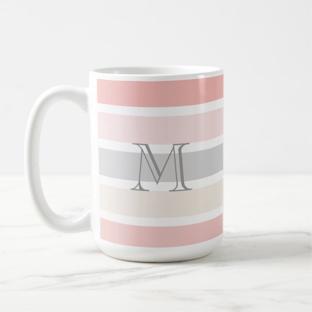 Mug Monogramme sur les rayures de crème rose moderne (Gauche)