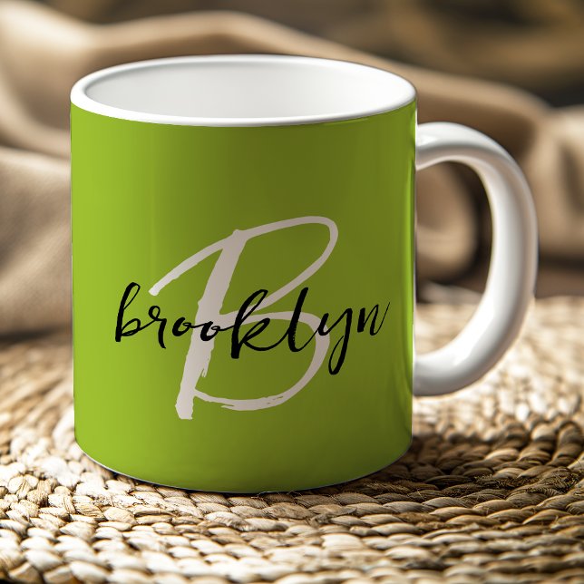 Mug Monogramme tendance vert citron noir blanc Script  (Créateur téléchargé)