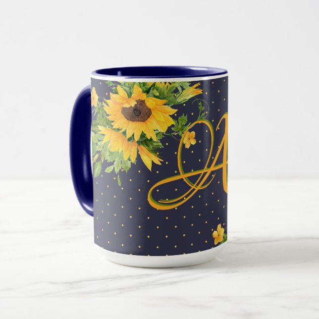 Mug Monogramme Tournesols Marine Décor bleu Jaune (Devant gauche)