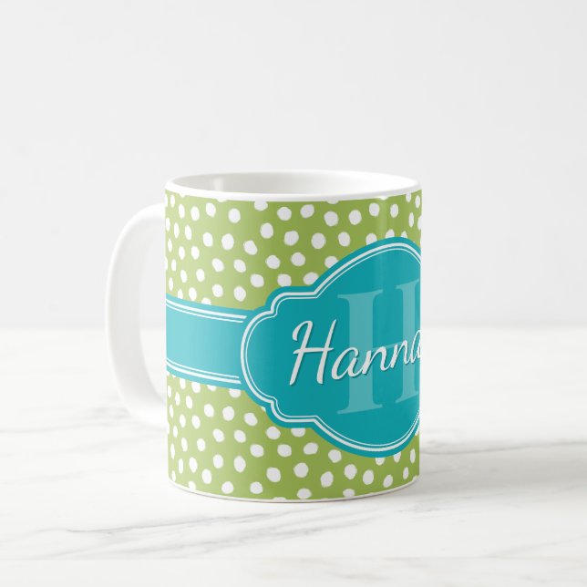 Mug Monogramme Turquoise de Motif blanc vert (Devant gauche)
