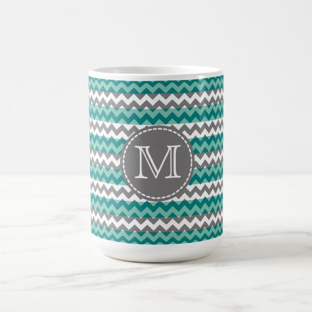 Mug Monogramme Turquoise et Grey Chevron Zigzag (Centre)