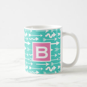 Mug Monogramme Turquoise et rose Motif des Flèches br