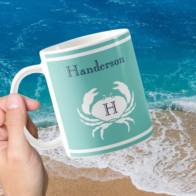 Mug Monogramme Turquoise Marine Bleu Crabe Blanc Nauti (Créateur téléchargé)