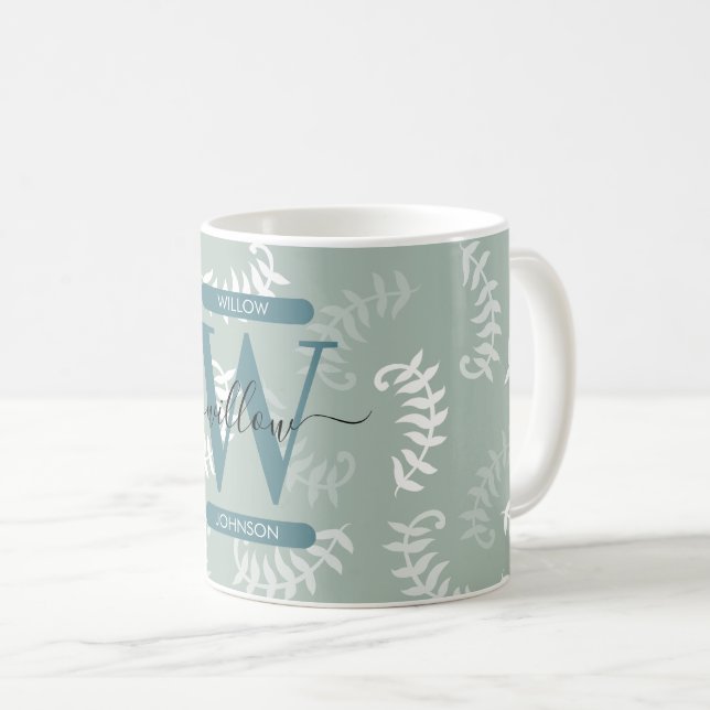 Mug Monogramme turquoise vert Feuille (Devant droit)