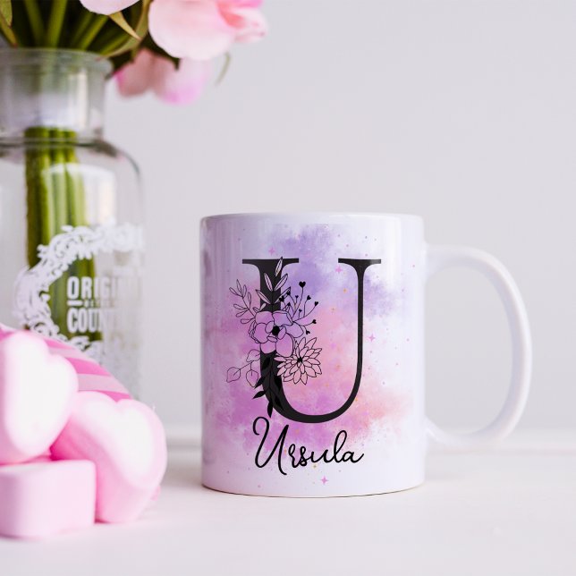 Mug Monogramme U Lettre Noir Floral Violet Rose (Créateur téléchargé)