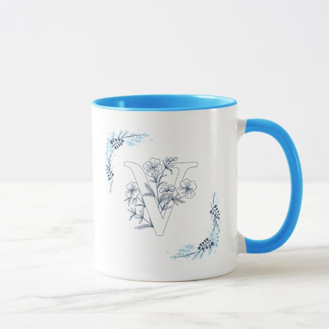 Mug Monogramme "V" Bleu Calme Floral Café (Droite)