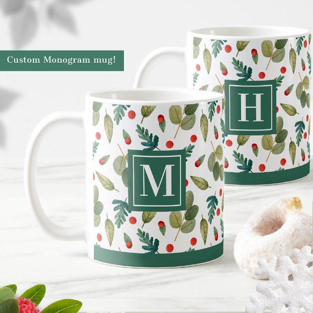 Mug Monogramme, verdure festive et rouge vif (Créateur téléchargé)