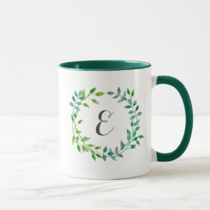 Mug Monogramme vert de la guirlande   de feuille