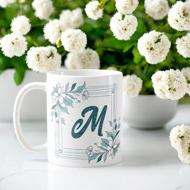 Mug Monogramme vert et blanc floral moderne minimal (Créateur téléchargé)