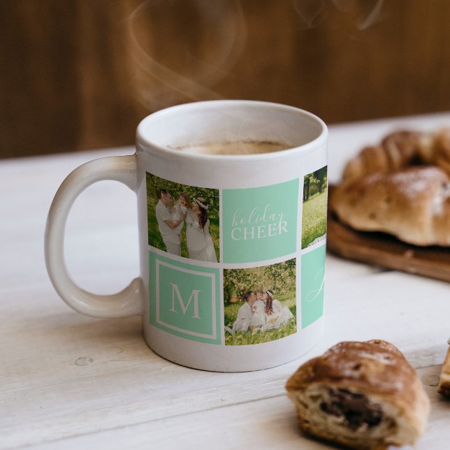 Mug Monogramme vert moderne Collage photo Noël (Holiday Cheer photo collage with monogram with fun mint green.  Great holiday photo gift.)