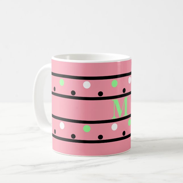 Mug Monogramme vert rose Pois blancs (Devant gauche)