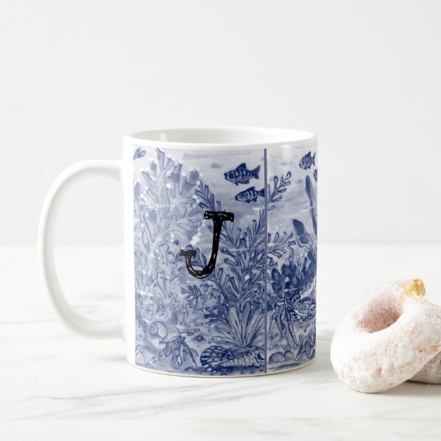 Mug Monogramme Vie marine Bleue Océan Plage côtière un (Avec donut)