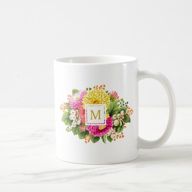 Mug Monogramme Vintage Asters Bouquet rose Jaune Musiq (Droite)