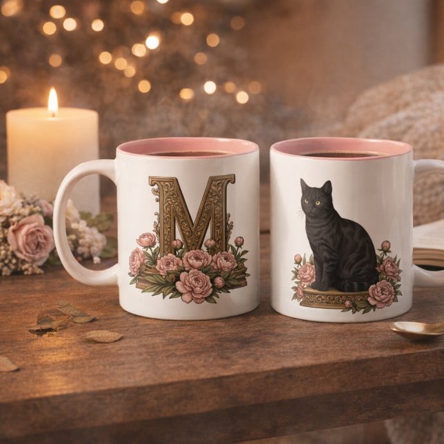 Mug Monogramme Vintage Chat Noir (Vintage Black Cat Monogram Mug)