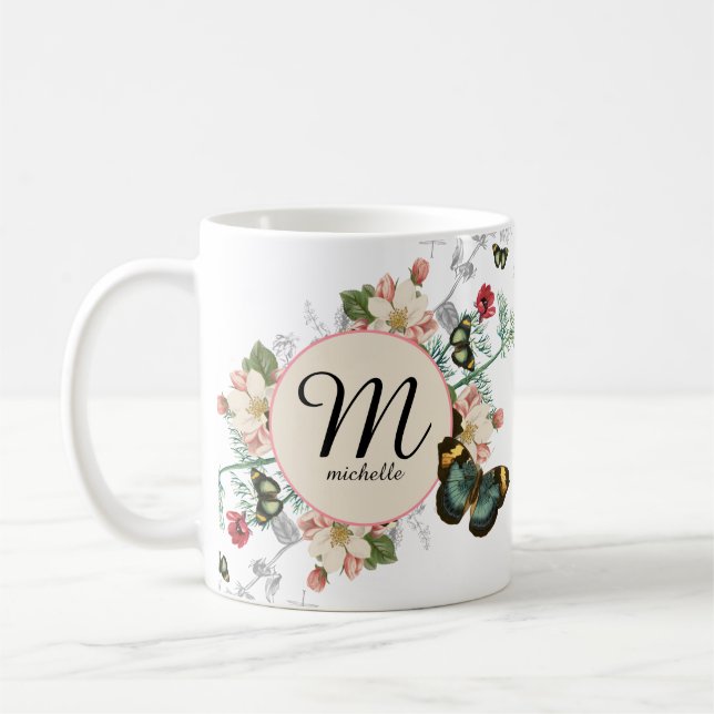 Mug Monogramme Vintage Floral Botanical Blanc Personna (Gauche)
