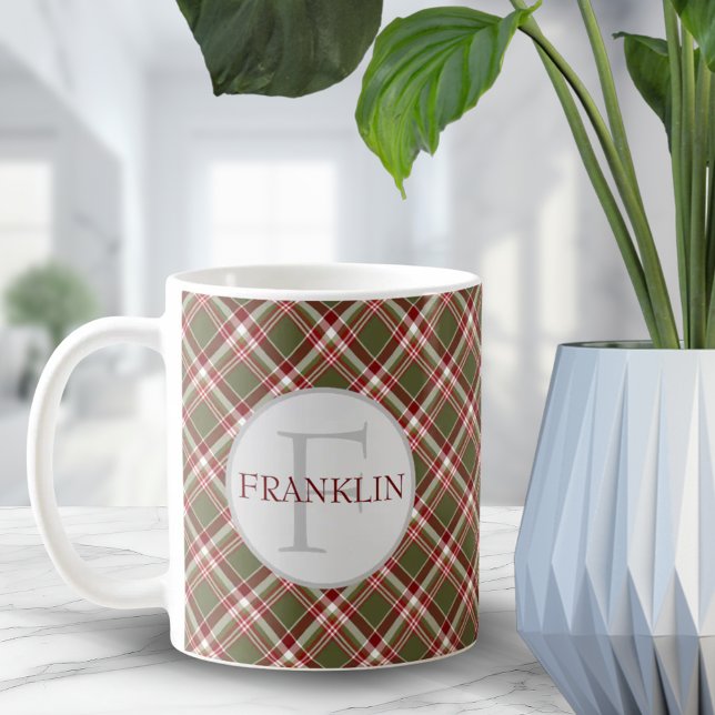 Mug Monogramme vintage Red Green Classaid (Vintage Red Green Classic Plaid Monogram Coffee Mug)