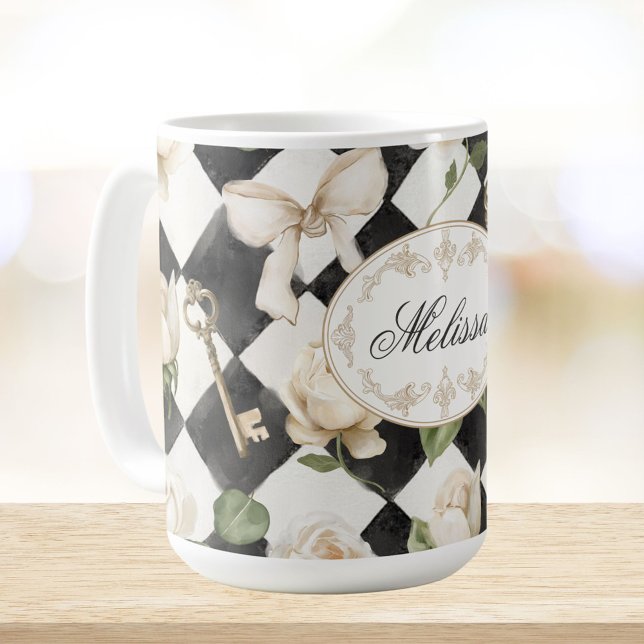 Mug Monogramme Vintage Rose Fleurs Noir Blanc Diamant (In situ)