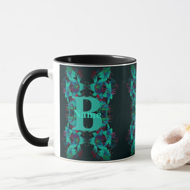 Mug Monogramme Votre Nom Initial Art Lily Personnalisé (Avec donut)