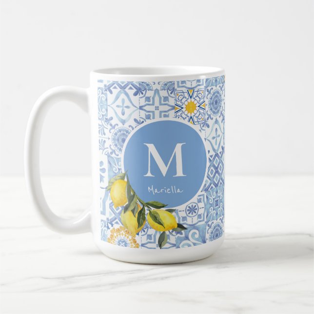 Mug Monographie de fruit de citron, carreau bleu (Gauche)