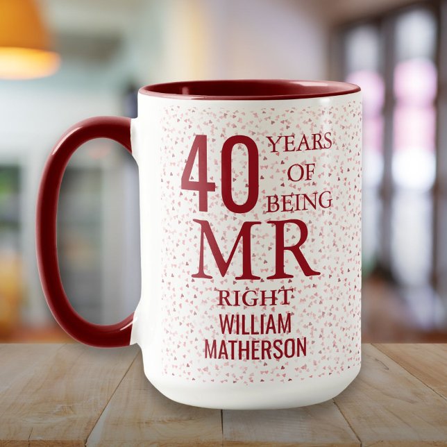Mug Monsieur Right Fun 40e Anniversaire Cœurs Rubis (Mr Right Fun 40th Anniversary Ruby Hearts Mug)