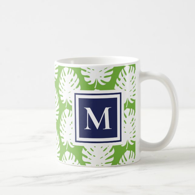 Mug Monstera Feuille Green Navy Moderne Monogramme Côt (Droite)