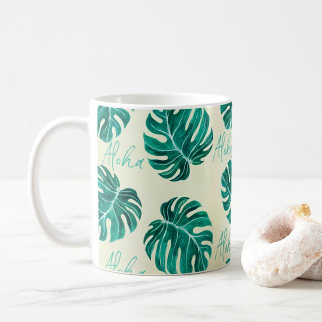Mug Monstère tropicale émeraude palmier vert feuille a (Avec donut)