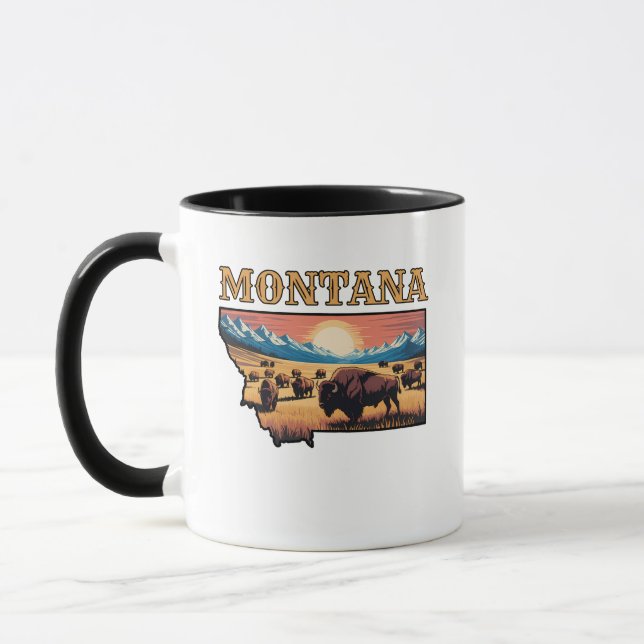 Mug Montana State Outline Tattoo Bison & Mountains  (Gauche)