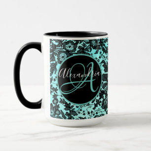 Mug Moody Floral noir sur Monogramme Turquoise
