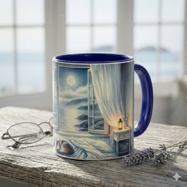 Mug Moonlit Coastal Bedroom with Sleeping Cat (Moonlit Coastal Bedroom with Sleeping Cat Mug)