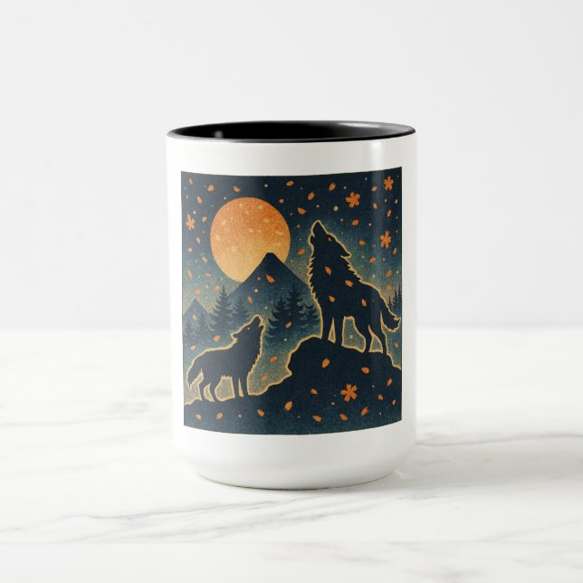Mug Moonlit Wolves & Mount Fuji – Japanese Night Art  (Centre)