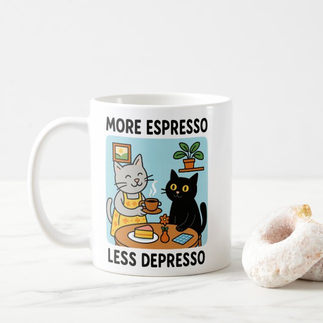 Mug More Espresso Less Depresso Black Cat  (Avec donut)