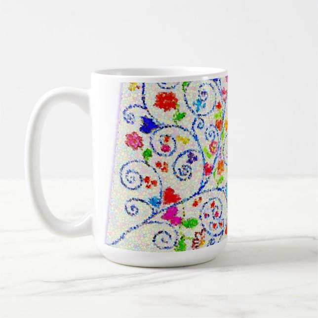 Mug Mosaïque Abstraite Vibrante de Cœurs et de Volutes (Gauche)