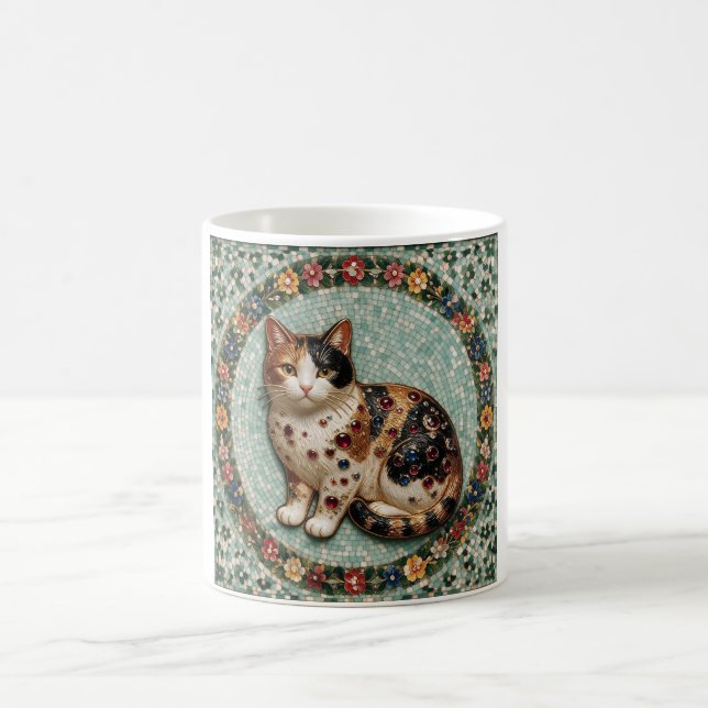 Mug Mosaïque florale de chat calicot fin de style anti (Centre)