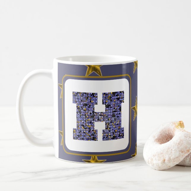 Mug Mosaïque Monogramme initial Gold Stars Lettre H (Avec donut)