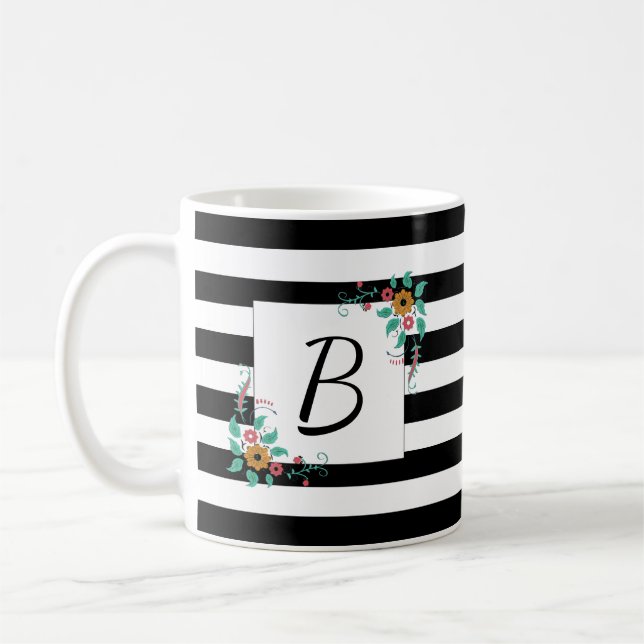 Mug Mosaïque noire moderne et monogramme floral (Gauche)